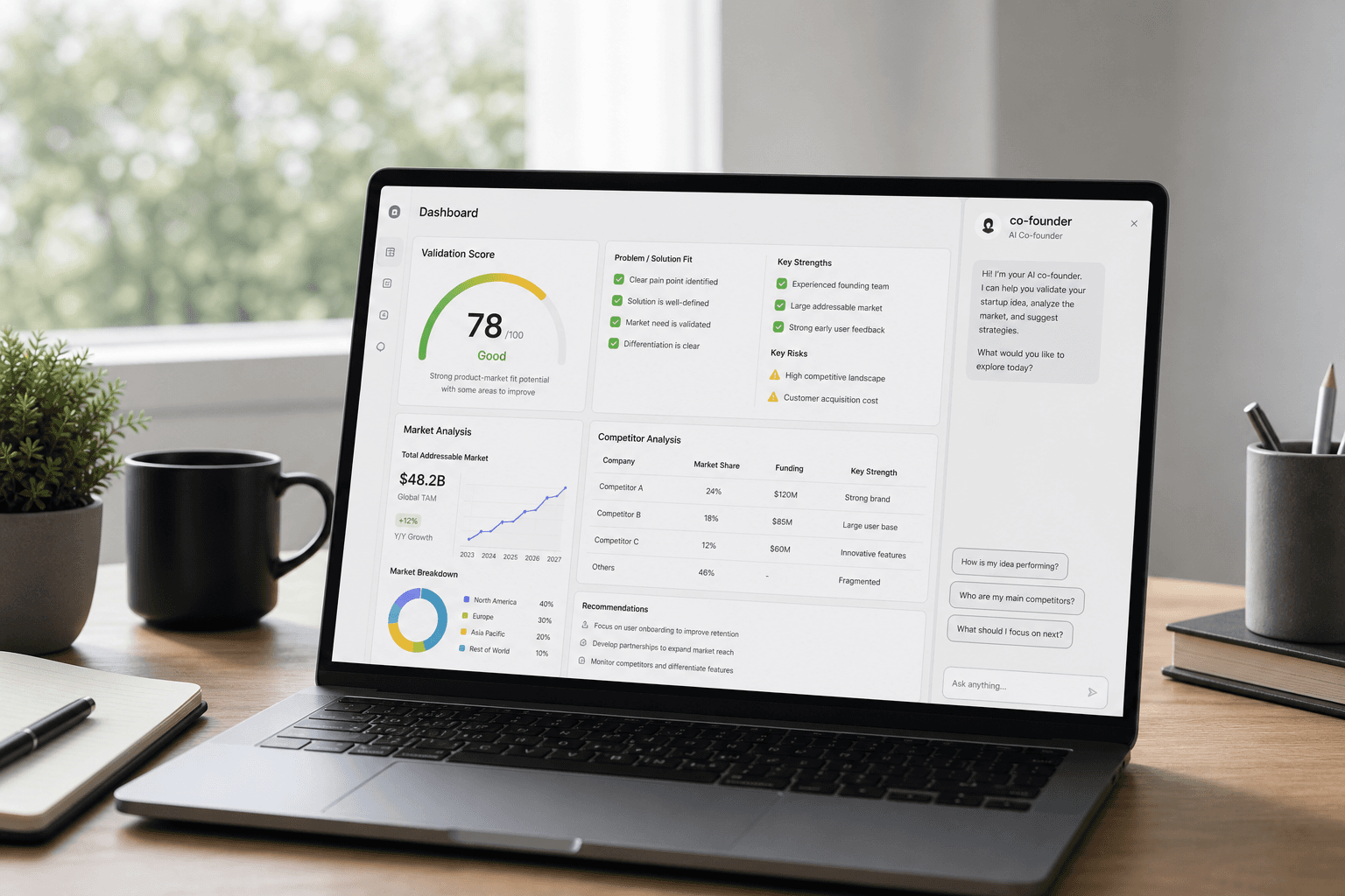 BiznesHQ workspace — validation score, market charts, and co-founder chat